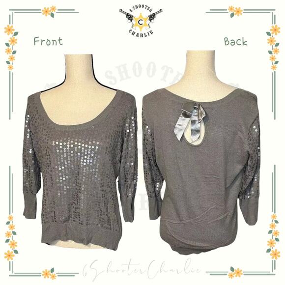 CANDIE'S Gray Sweater Festive Sequins Open Peekaboo Keyhole Back & Bow XL - Picture 1 of 6